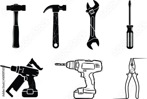 PrintHand tool silhouette, sledgehammer, claw hammer, wrench, screwdriver, reciprocating saw, cordless drill, pliers, black vector illustration, construction icon, repair graphic, DIY equipment
