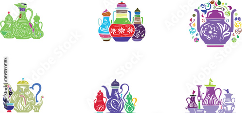 Colorful decorative ceramic vessels pottery jugs