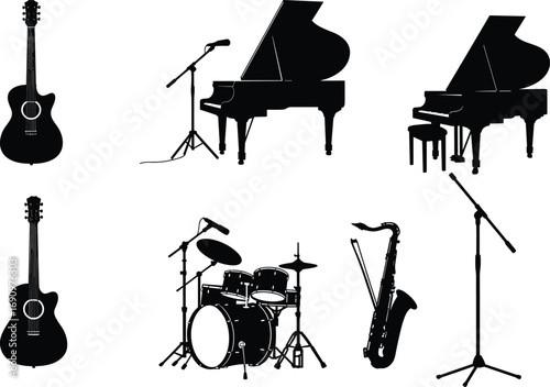 PrintMusic instrument silhouette, acoustic guitar, grand piano, drum set, saxophone, microphone stand, black vector illustration, concert equipment, jazz icon, sound graphic