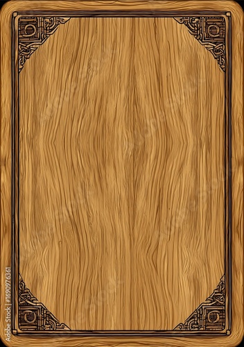 A rectangular wooden base with a brown wood grain pattern adorned with intricate medievalstyle borders along the edges The background is white and has no shad