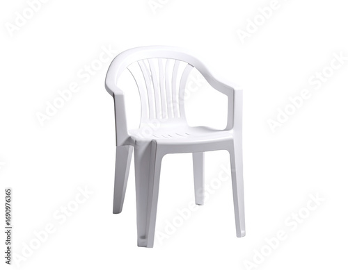Isolated white plastic child's chair with armrests.  Simple, lightweight, and modern design