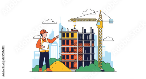 Flat illustration of a construction engineer supervising a building site with a crane and unfinished high-rise, symbolizing urban development, project planning, and modern architecture
