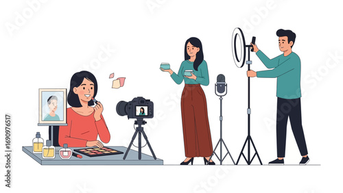 Creative content creation with a woman filming makeup tutorial and a couple setting up audio equipment for a podcast or interview