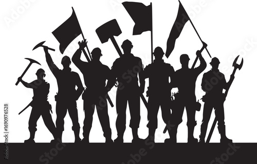 Workers Holding Tools and Flags Labour Day Silhouette
