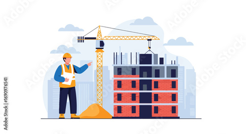Flat illustration of a construction engineer supervising a building site with a crane and unfinished high-rise, symbolizing urban development, project planning, and modern architecture