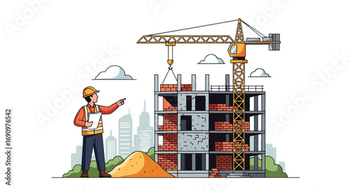 Flat illustration of a construction engineer supervising a building site with a crane and unfinished high-rise, symbolizing urban development, project planning, and modern architecture