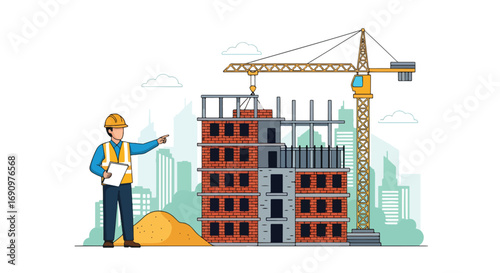 Flat illustration of a construction engineer supervising a building site with a crane and unfinished high-rise, symbolizing urban development, project planning, and modern architecture