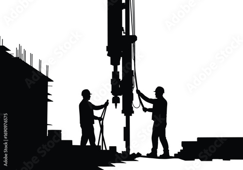 Construction Workers Operating Heavy Machinery at Building Site – Industrial Workforce Safety and Equipment Handling in Modern Infrastructure Development Projects