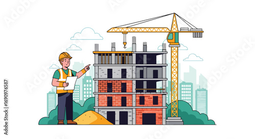 Flat illustration of a construction engineer supervising a building site with a crane and unfinished high-rise, symbolizing urban development, project planning, and modern architecture