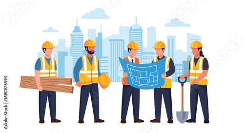 Flat illustration of construction workers and engineers with blueprints, wood, and tools at an urban building site, symbolizing teamwork, planning, and collaboration in modern architecture and develop