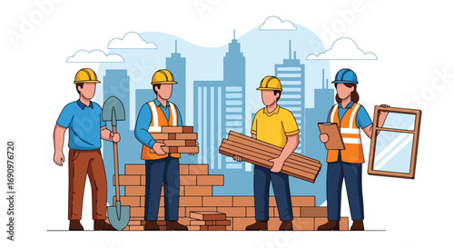 Flat illustration of construction workers building a wall with bricks, wood, and windows, symbolizing teamwork, craftsmanship, urban development, and the construction industry