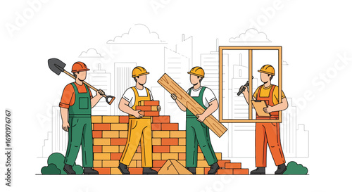 Flat illustration of construction workers building a wall with bricks, wood, and windows, symbolizing teamwork, craftsmanship, urban development, and the construction industry