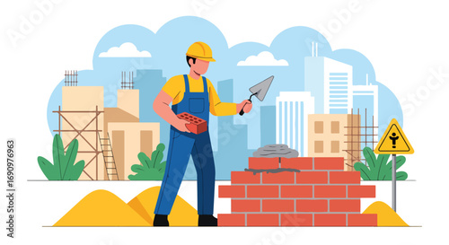 Flat illustration of a construction worker laying bricks with a trowel at a building site, symbolizing labor, craftsmanship, urban development, and the construction industry