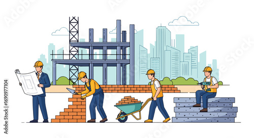 Flat illustration of construction workers and engineer at a building site with bricks, tools, and scaffolding, symbolizing teamwork, architecture, urban development, and project management
