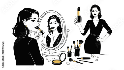 Elegant woman applying lipstick in front of a mirror with makeup brushes and compact powder on a vanity table