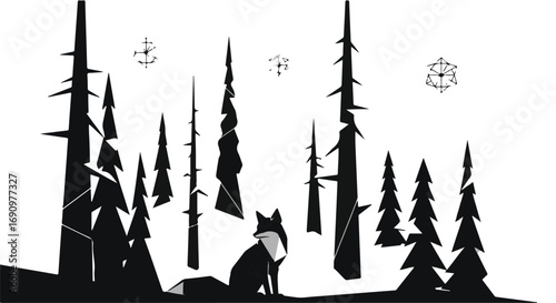 Lone fox gazes into a stylized, snowy forest under a starry sky