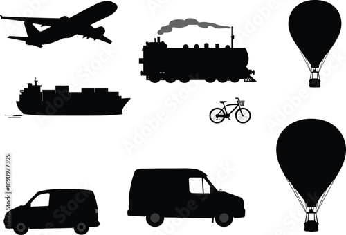 PrintTransportation silhouette vector, airplane, train, hot air balloon, cargo ship, bicycle, car, van, travel icon, black graphic, vehicle collection, transport set