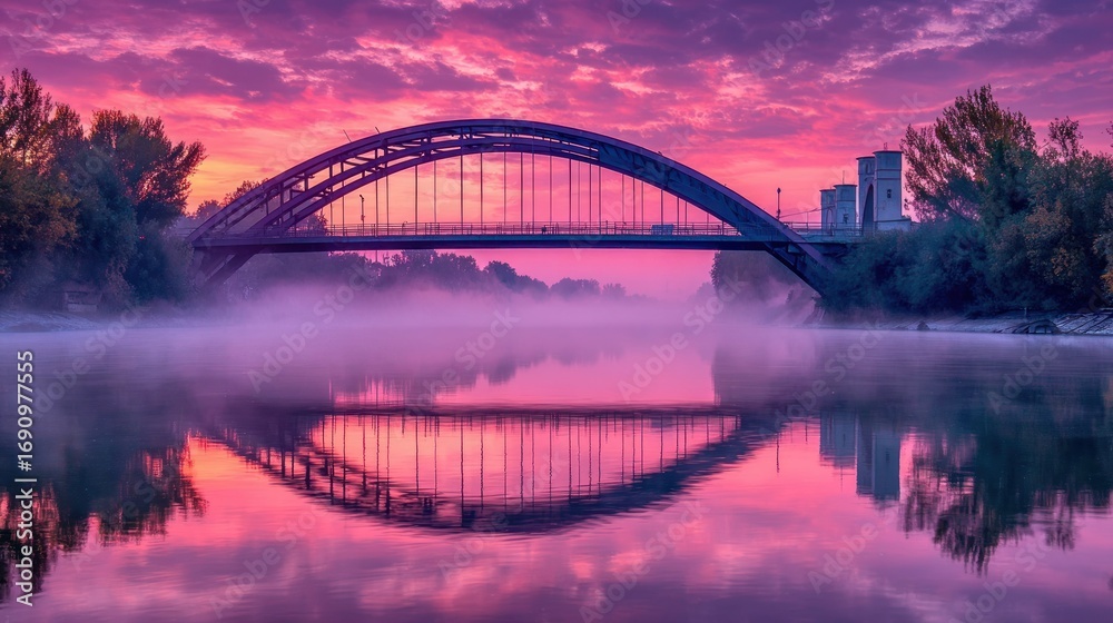 Obraz premium Misty sunrise over a river, arched bridge