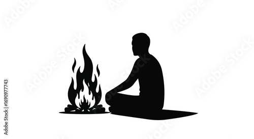 Silhouette of a person meditating peacefully beside a warm, glowing campfire.