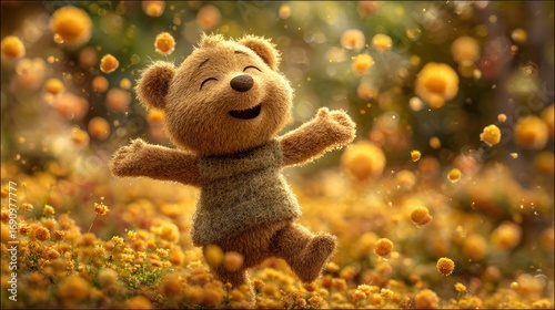 Happy teddy bear in a field of flowers, showered with golden light