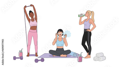 Diverse group of young women in athletic wear engaging in various fitness activities and staying hydrated during a healthy lifestyle workout session