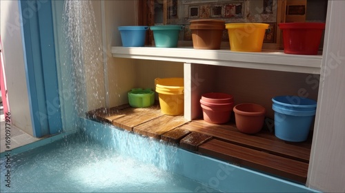 Miniature water feature with colorful pots