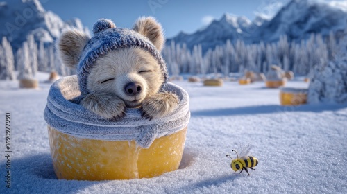 Cute bear cub in winter hat, nestled in a honey pot, snowy landscape