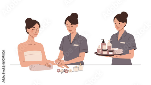 Skilled spa therapist performing a relaxing manicure on a client while another therapist holds a tray of beauty products
