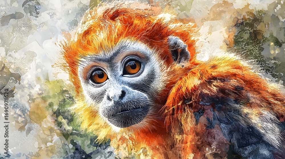 Obraz premium A close-up portrait of a vibrant orange and grey monkey with expressive eyes