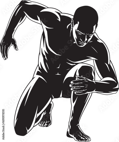 Athletic muscular man crouching ready for action silhouette style