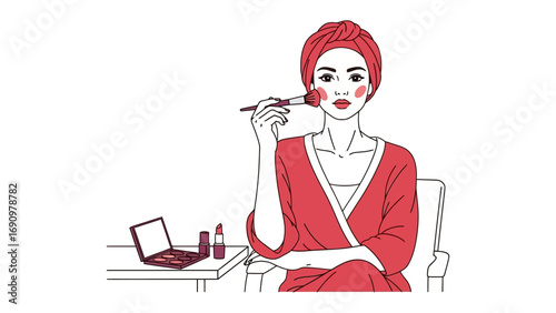Stylish woman with red towel on head applying blush with makeup brush while wearing a red robe in a bright studio setting