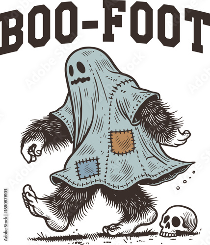 Boo-Foot – Bigfoot in Ghost Costume Walking with Skull, Humorous Halloween Cryptid Illustration for Monster Lovers and Funny Autumn Apparel