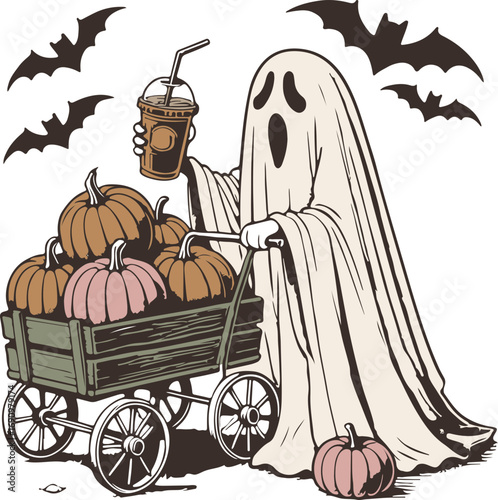 Ghost Pumpkin Haul – Cute Ghost Pulling a Wagon Full of Pumpkins with Bats Flying, Funny Autumn Halloween Illustration for Seasonal Decor and Apparel