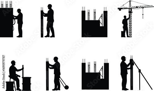 Silhouettes of construction workers with tools and equipment, building site illustrations, construction process icons, engineering workers, crane and rebar, civil engineering symbols