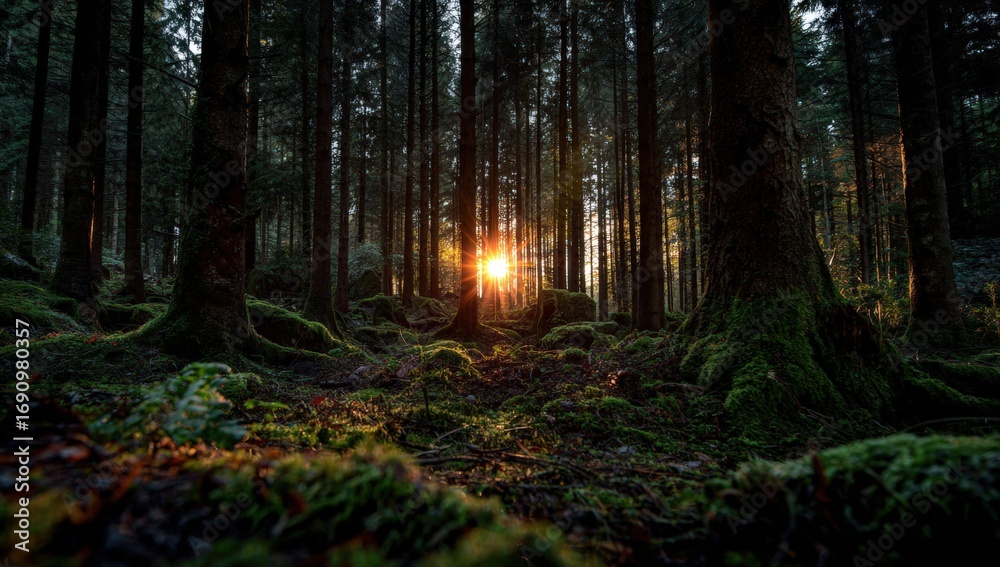 Obraz premium Golden sunlight pierces a dense forest