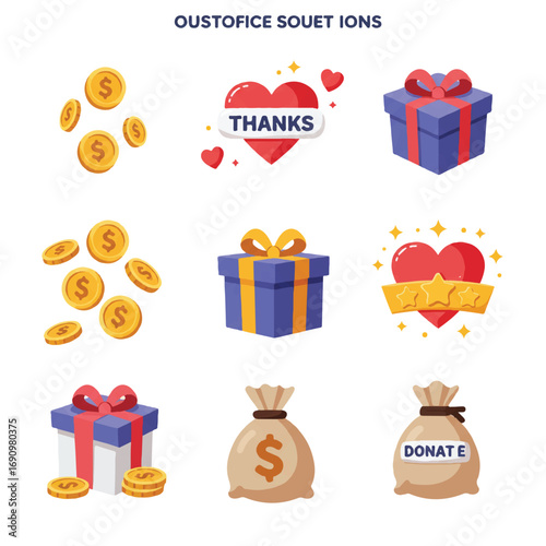 Flat Vector Digital Gift and Donation Icons Set for Content Creators, Streaming, and Online Payments – Super Thanks, Coins, Bag