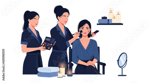 Professional makeup artist applying cosmetics to a client during a beauty lesson or consultation with a beauty advisor observing