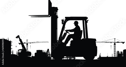 Forklift truck silhouette operated by construction worker at industrial site, heavy machinery equipment for logistics, cargo lifting, building development, urban construction infrastructure project