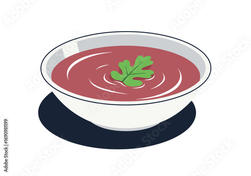 A delicious bowl of red soup garnished with a fresh green leafy herb