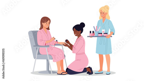 Woman receiving a professional manicure from a skilled nail technician in a clean salon with a beauty professional holding supplies