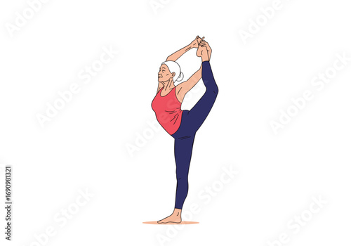 Woman standing in yoga pose stretching leg back arms reaching overhead holding foot