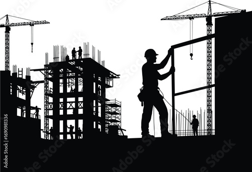 Construction workers silhouette on high rise building site, industrial cranes and scaffolding, teamwork in progress, urban city development, civil engineering project scene