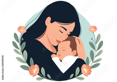 A loving mother holds her newborn baby close showing pure affection and gentle care