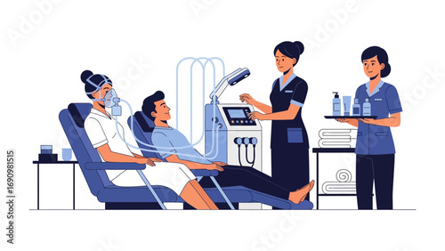 Modern dental clinic scene showing a dentist and assistant caring for a patient in a dental chair with advanced equipment