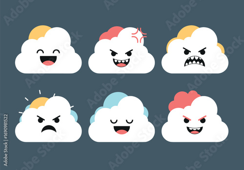 Cute kawaii weather clouds expressing different emotions and moods