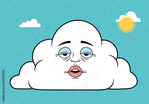 Animated fluffy cloud character with a sleepy face and pink lips in a blue sky