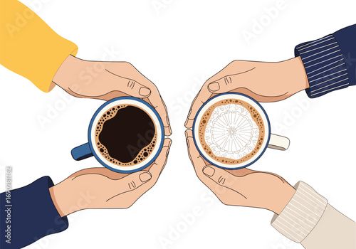 Two pairs of hands holding different coffee mugs experiencing the joy of coffee together
