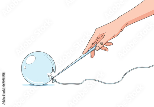 A delicate sphere being gently pricked by a needle held by a human hand