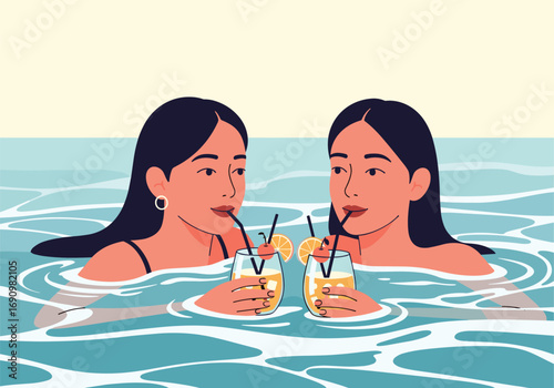Two young women enjoying refreshing cocktails in a swimming pool during a sunny day