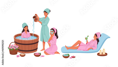 Relaxing spa day with women enjoying a warm bath massage and refreshing drinks in a serene and tranquil wellness environment